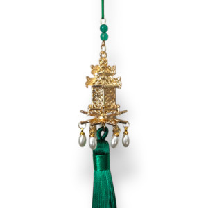 Golden Pagoda Charm with Pearls and Emerald Tassel 18cm