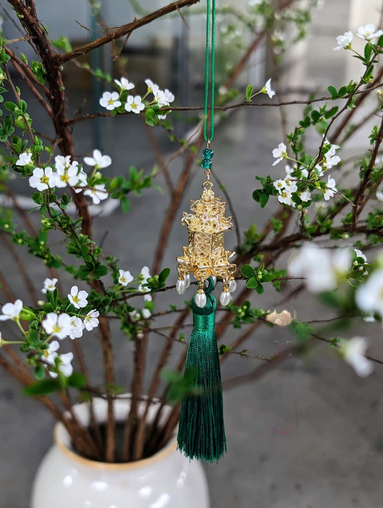 Golden Pagoda Charm with Pearls and Emerald Tassel 18cm