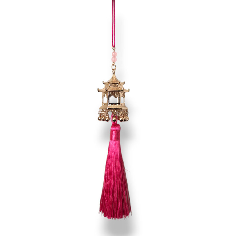 Golden Pagoda Charm with Hot Pink Tassel 18cm