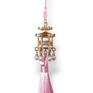 Golden Pagoda Charm with Pearls and Light Pink Tassel 18cm