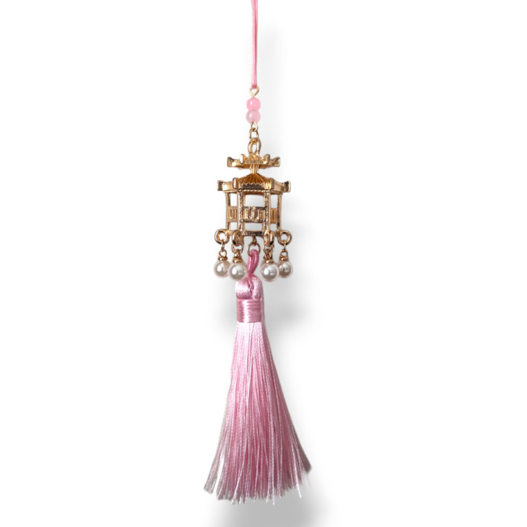 Golden Pagoda Charm with Pearls and Light Pink Tassel 18cm