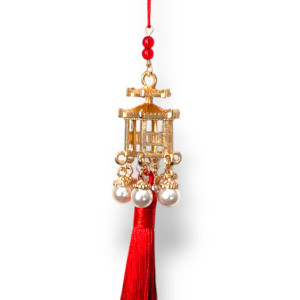 Golden Pagoda Charm with Pearls and Red Tassel 18cm