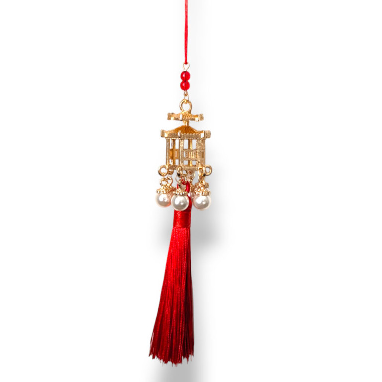 Golden Pagoda Charm with Pearls and Red Tassel 18cm