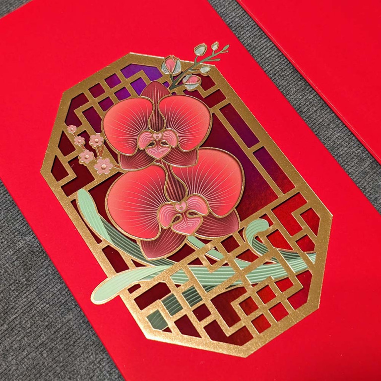 High Quality Red Packet with Lasercut Orchid Pot