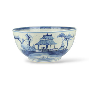 Blue White Chinoiserie Bowl Planter Hand-painted Natural Scenery