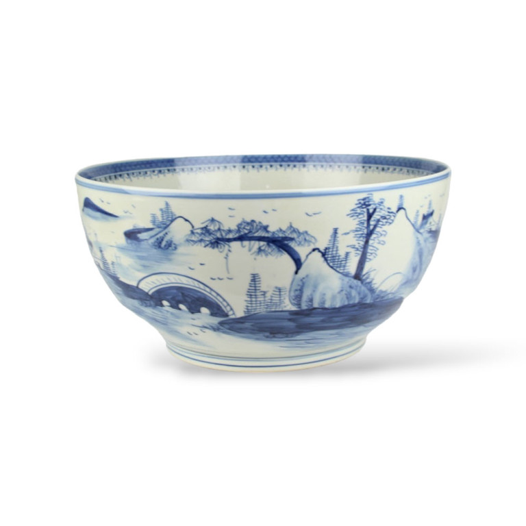 Blue White Chinoiserie Bowl Planter Hand-painted Natural Scenery