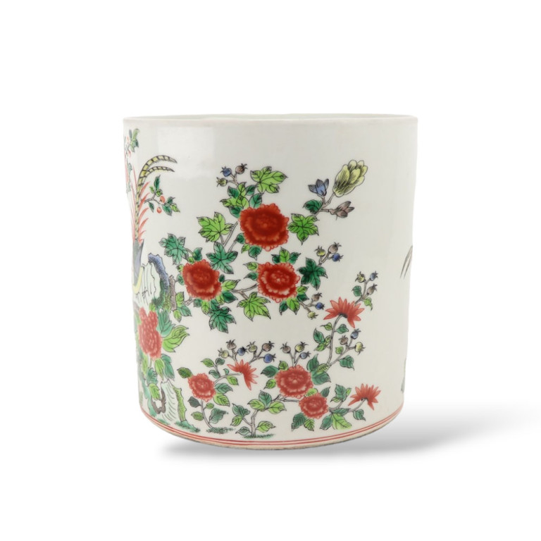 Famille Rose Cylinder Planter with Birds & Peonies