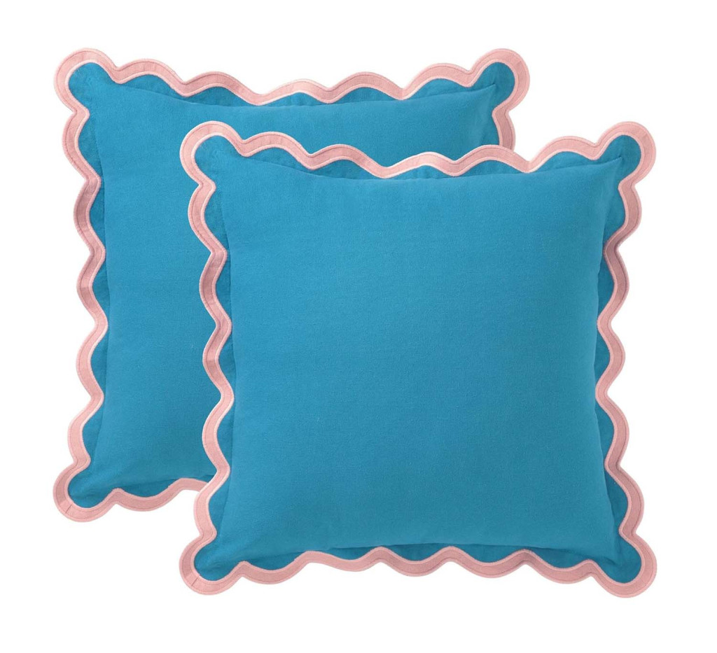 Cotton Cushion Cover in Blue with Pink Scallop Rim – Size 45x45cm