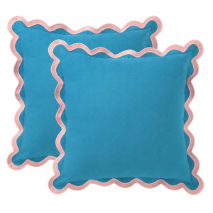 Cotton Cushion Cover in Blue with Pink Scallop Rim – Size 45x45cm