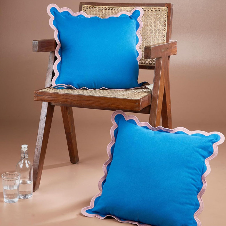 Cotton Cushion Cover in Blue with Pink Scallop Rim – Size 45x45cm