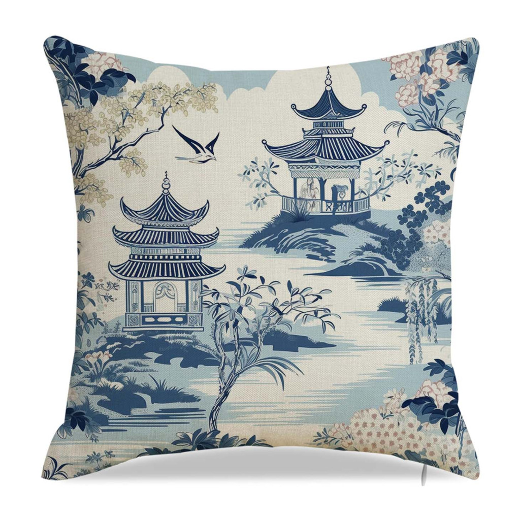 Chinoiserie Cushion Cover with Pagoda Print – Size 45x45cm