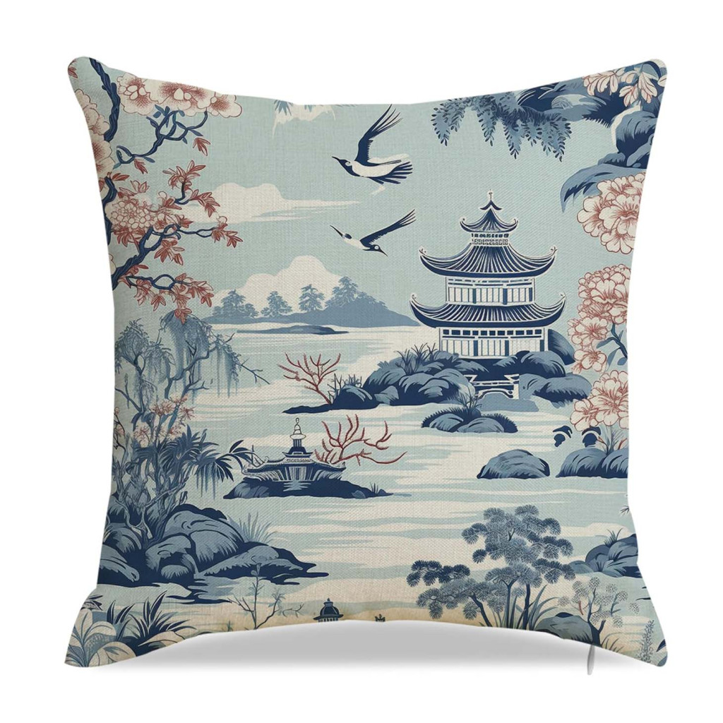 Chinoiserie Cushion Cover with Pagoda Print – Size 45x45cm