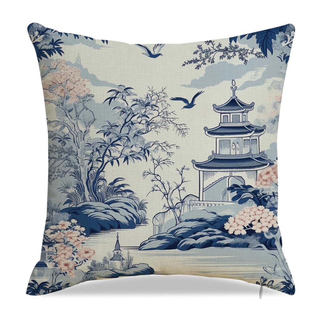 Chinoiserie Cushion Cover with Pagoda Print – Size 45x45cm