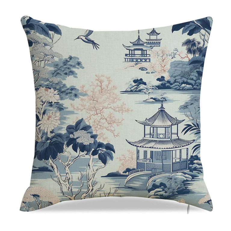 Chinoiserie Cushion Cover with Pagoda Print – Size 45x45cm