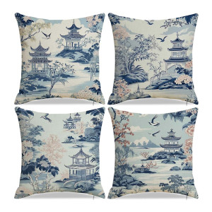 Chinoiserie Cushion Cover with Pagoda Print – Size 45x45cm