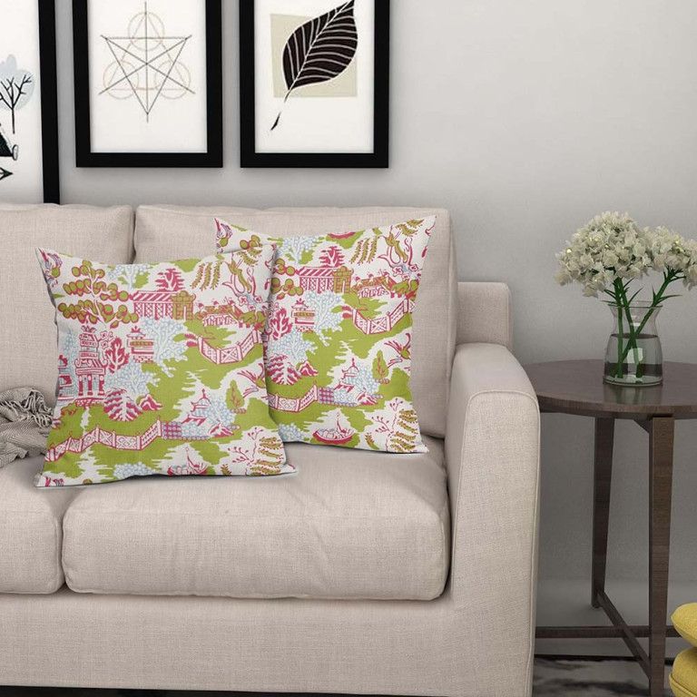 Chinoiserie Cushion Cover in Pink & Green – Size 45x45cm