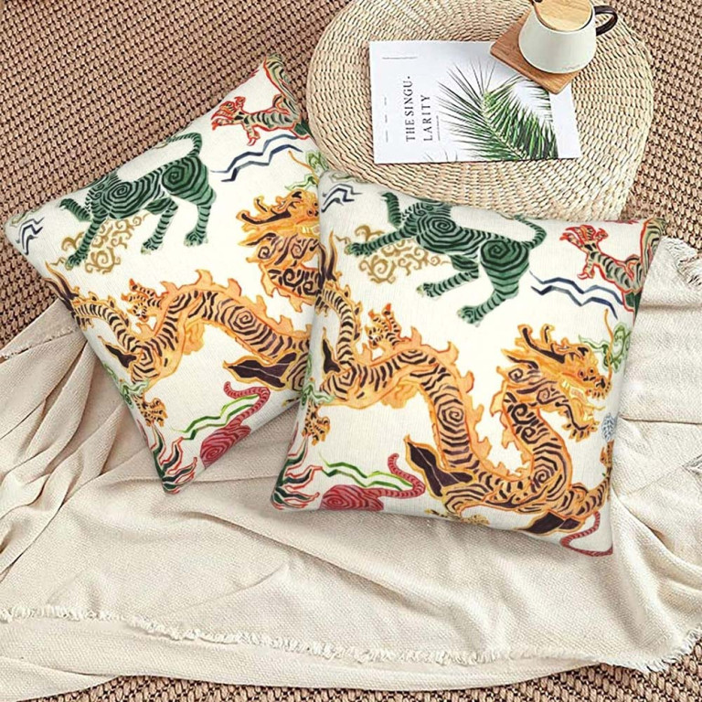 Chinoiserie Cushion Cover with Tiger & Dragon – Size 45x45cm