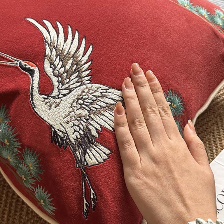 Velvet Cushion Cover with White Cranes Embroidery – Size 45x45cm