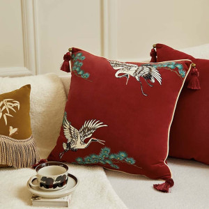 Velvet Cushion Cover with White Cranes Embroidery – Size 45x45cm