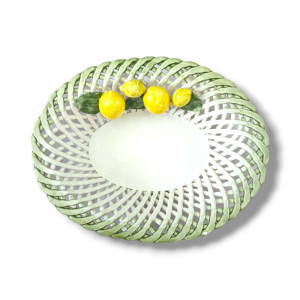 Oval Ceramic Fruit Basket with Yellow Lemons & Green Rim