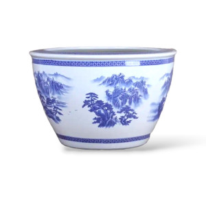 Blue White Ceramic Planter with Mountain Landscape