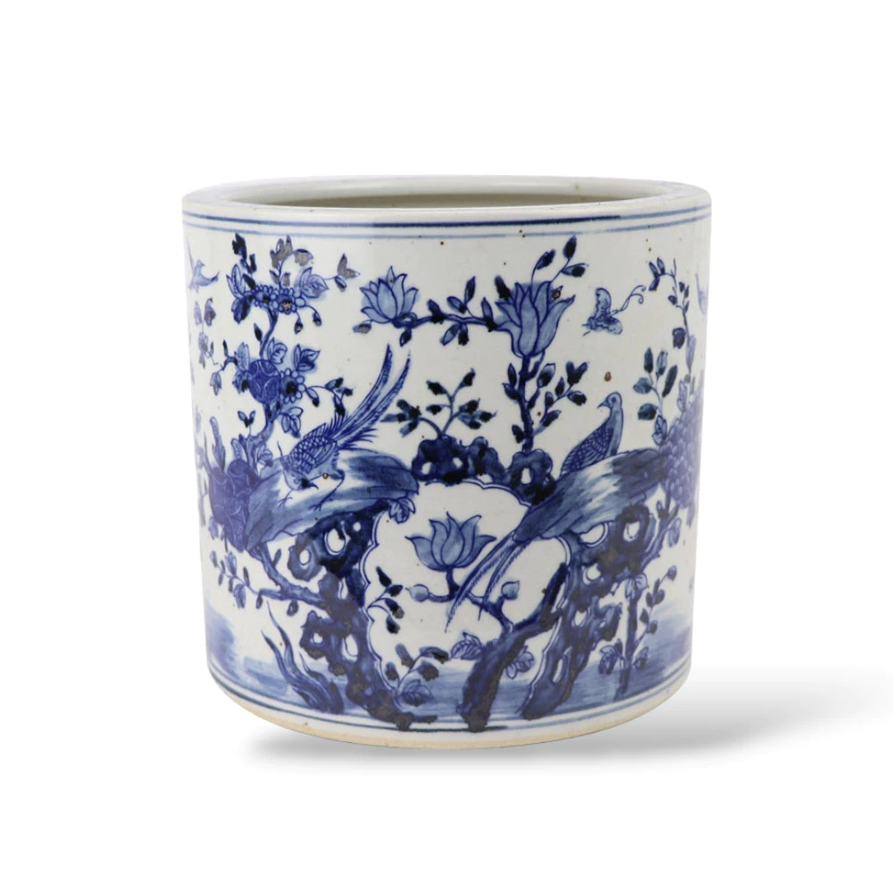 Blue White Ceramic Planter with Spring Elements