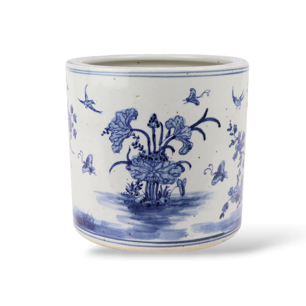 Blue White Ceramic Planter with Spring Elements