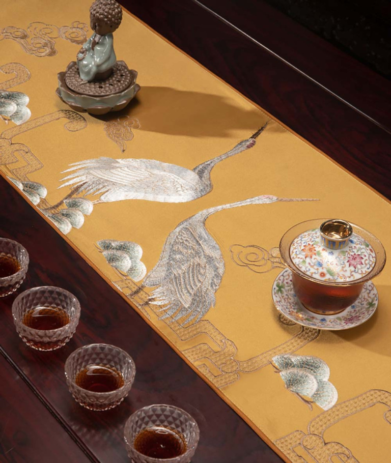 Table Runner with White Cranes Embroidery