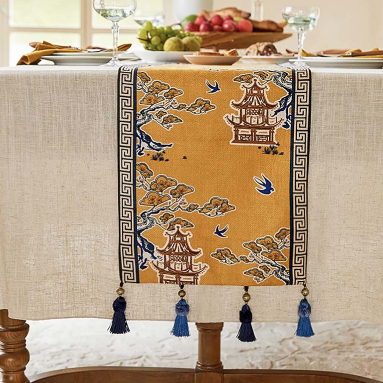 Table Runner with Pagoda Print & Tassels