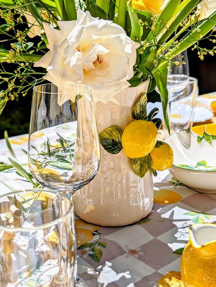 Italian White Ceramic Pitcher with Yellow Lemons