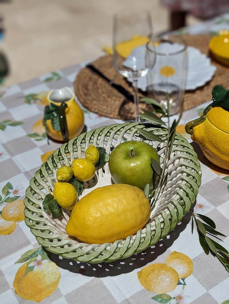 Oval Ceramic Fruit Basket with Yellow Lemons & Green Rim