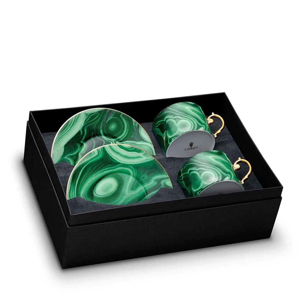 Set of 2 Malachite Tea Cup and Saucers with 24k Gold Handle – L’Objet (US)