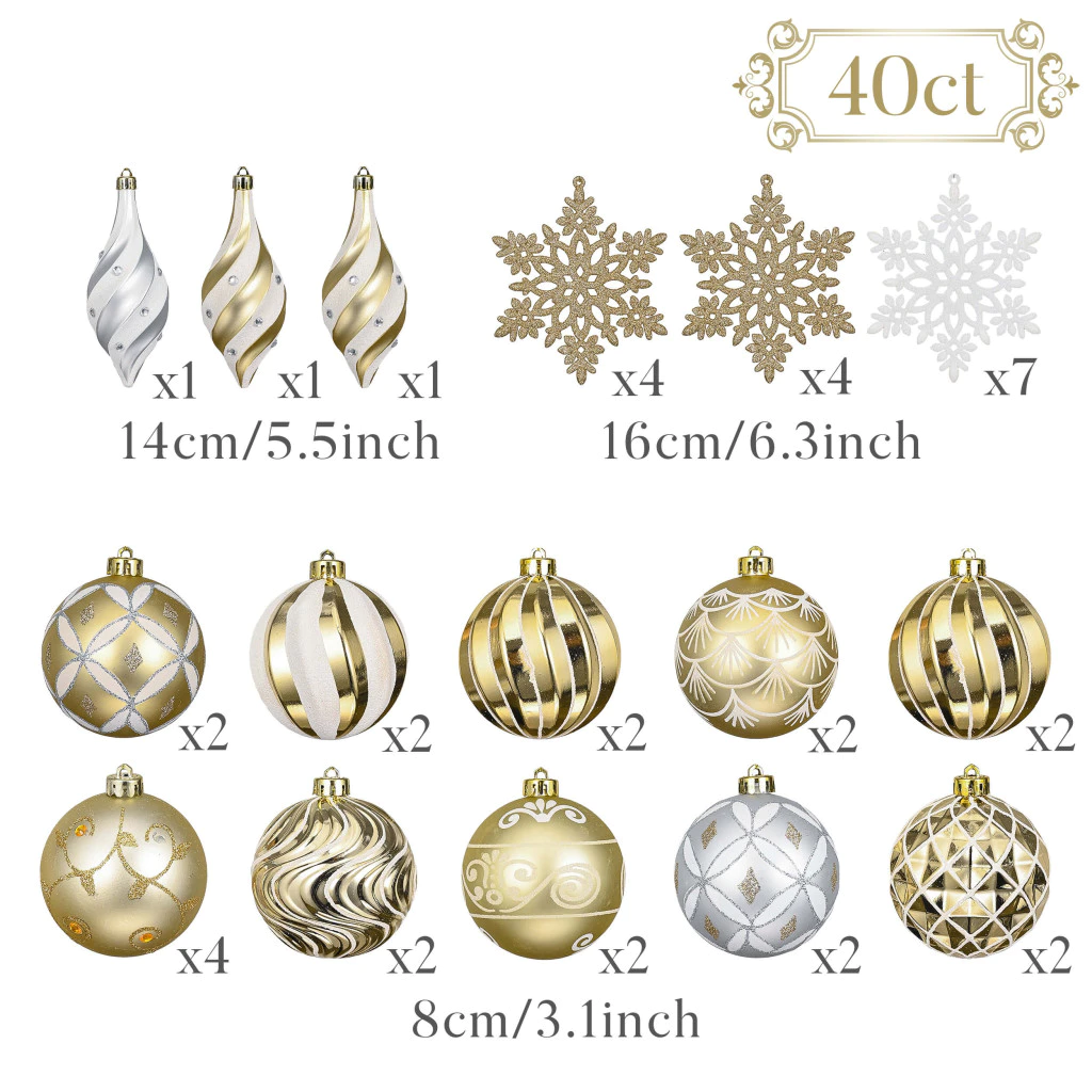 Set of 40 Shatterproof Gold & White Baubles – Valery Madelyn