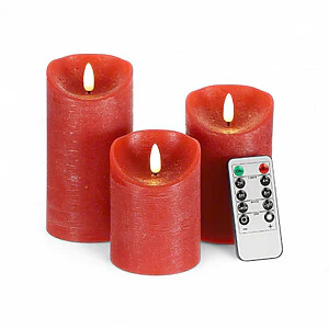Set of 3 Large Red Wax-Coated LED Decorative Candles with Remote Control