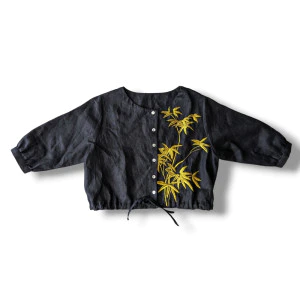 Black Linen Top With Gold Bamboo Embroidery – La Maison Chouette