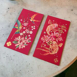 Set of 6 High Quality 160gsm Paper Red Packets with Fish & Birds – Design 2