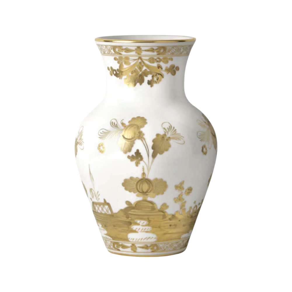 Ginori 1735 Oriente Italiano Aurum Vase – White with Hand-Painted Gold Patterns, Height 25cm