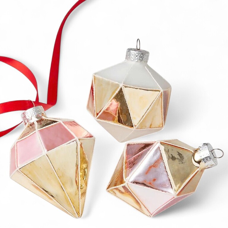 Holiday Lane Set of 6 Rose Gold Diamond-Shaped Glass Ornaments