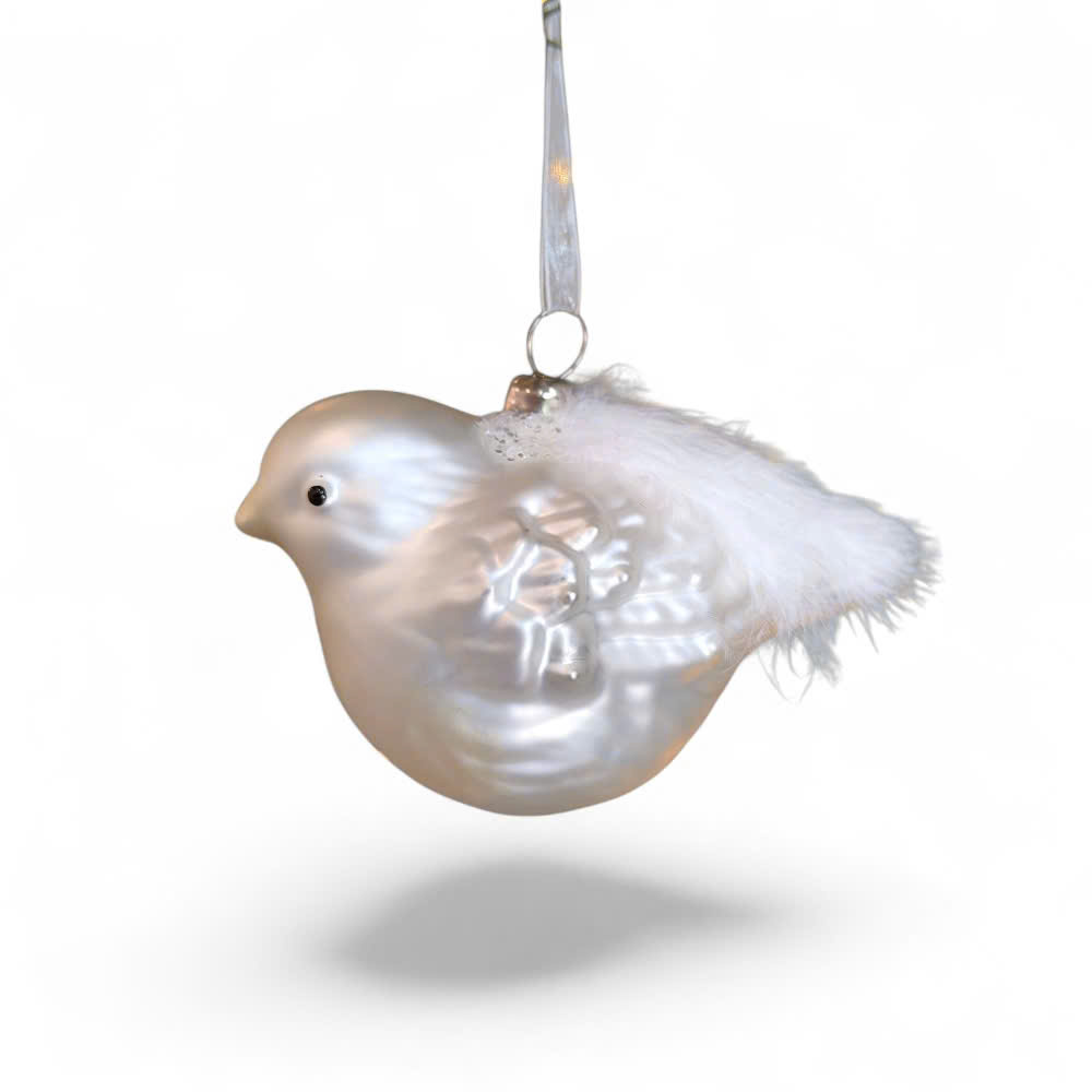 ORN-WHI-BIRD Glass bird ornament with feather detail