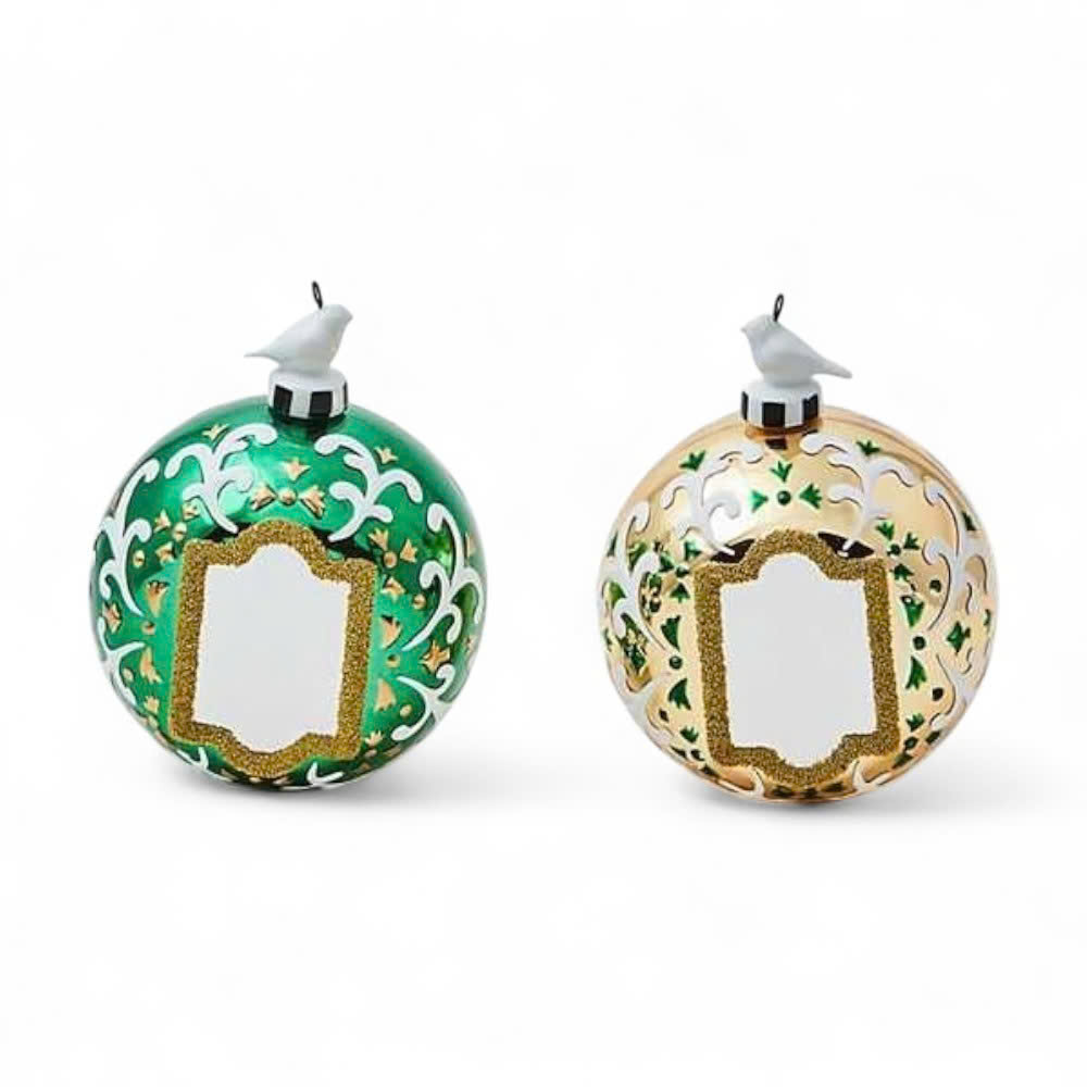 MGB-MKZCHILDS-SET2 Set of 2 glass mirror-finish ornaments in emerald green and gold, 12cm – MacKenzie-Childs (US)
