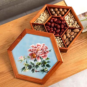 CANDYTRAY-BLUEPEONY Wooden Lunar New Year Candy Box with Embroidered Lid Featuring Spring Peony Motifs