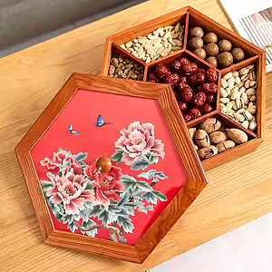 CANDYTRAY-REDPEONY Wooden Lunar New year Candy Box with Embroidered Prosperous Peony Lid