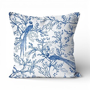 CUSH-FLN-FLORALBIRDS Blue and White Chinoiserie Decorative Pillow Cover Featuring a Pheasant Among Blossoms