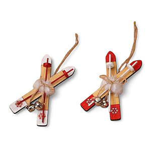 ORN-REDWHI-SKIS Set of 2 Pairs of Red & White Wooden Skis