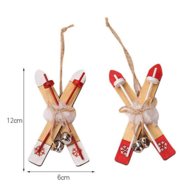 ORN-REDWHI-SKISa Set of 2 Pairs of Red & White Wooden Skis