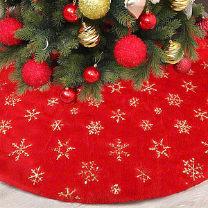 SKRT-RED-FURFLAKES Red Faux Fur Christmas Tree Skirt with White Snowflake Motifs and Gold Sequins – Size 122 cm