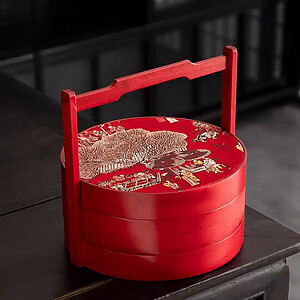 CANDYTRAY-WOOD-RED Two-Tier Wooden Lunar New Year Candy Box with Red Handle and Brocade Lid