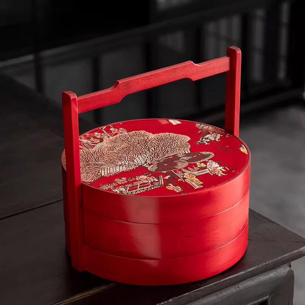 CANDYTRAY-WOOD-RED Two-Tier Wooden Lunar New Year Candy Box with Red Handle and Brocade Lid
