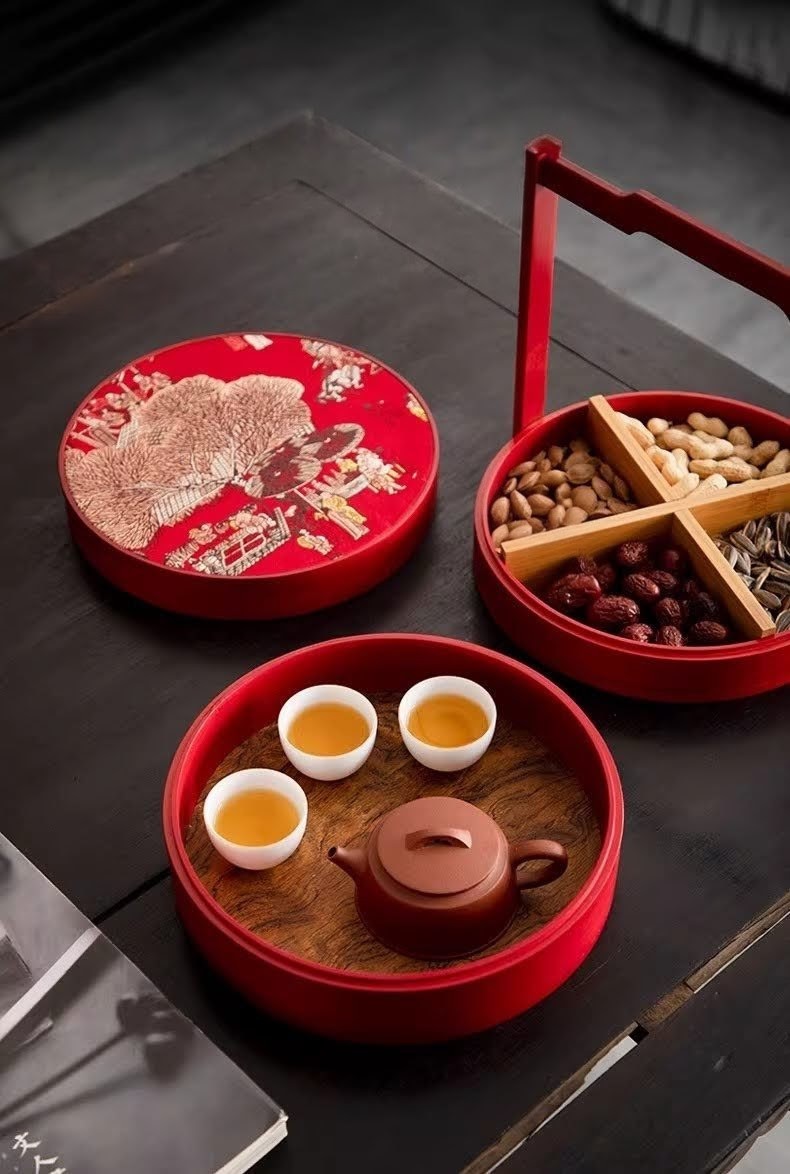 CANDYTRAY-WOOD-REDb Two-Tier Wooden Lunar New Year Candy Box with Red Handle and Brocade Lid