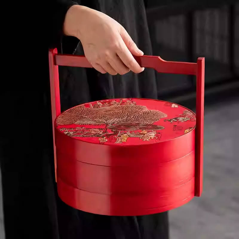 CANDYTRAY-WOOD-REDc Two-Tier Wooden Lunar New Year Candy Box with Red Handle and Brocade Lid